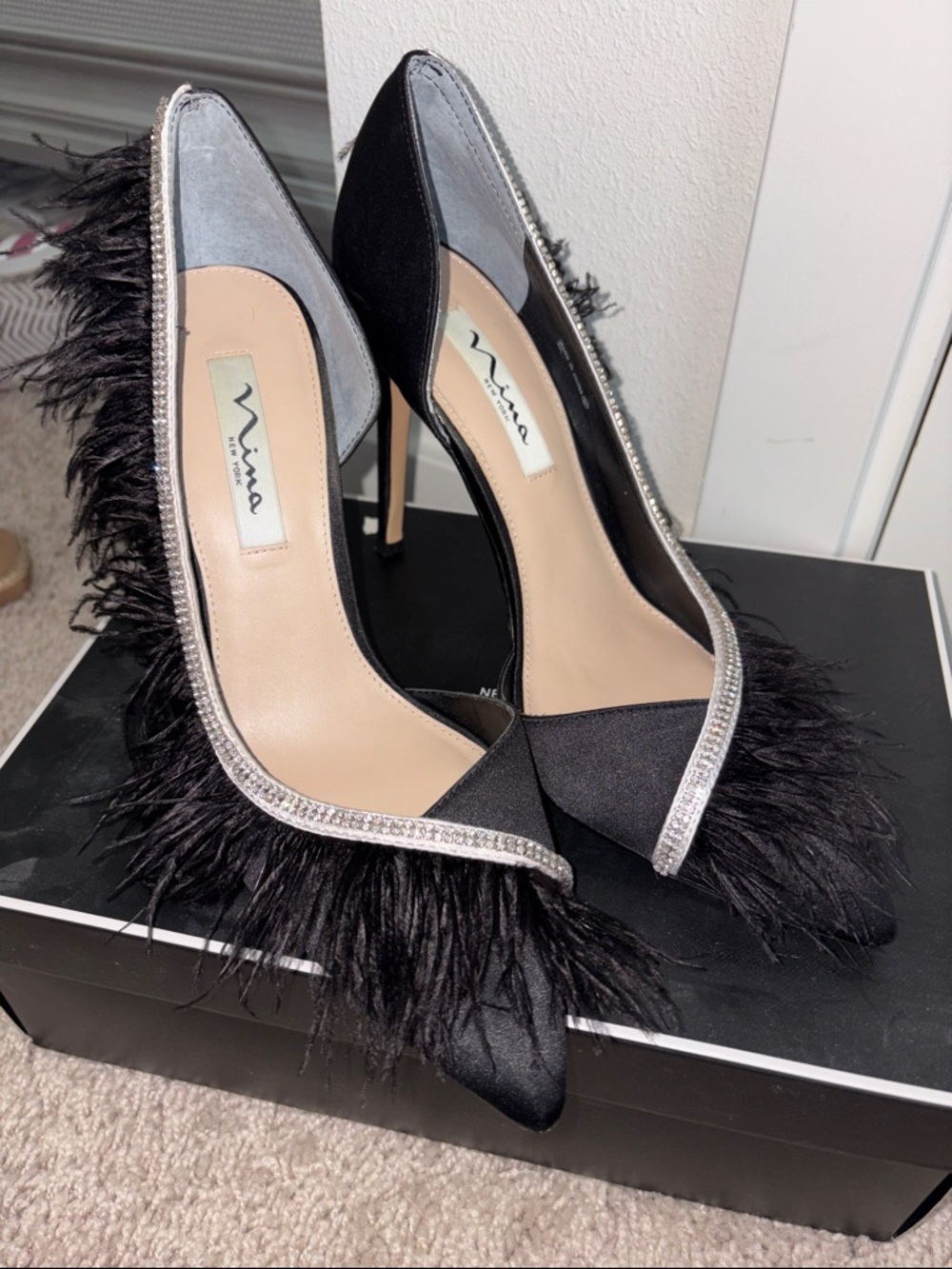 Nina New York Black Satin Rhinestone Feather High Heels